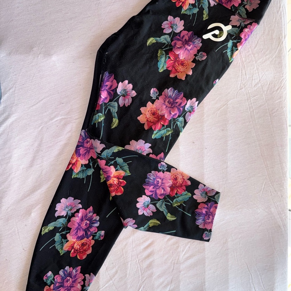 Peloton Floral Print Black Leggings with Pink & Purple Blooms 1X